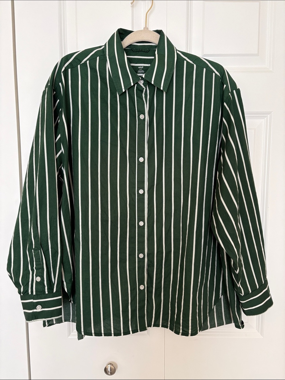 aerie Dark Green and White Striped Button-Down Shirt